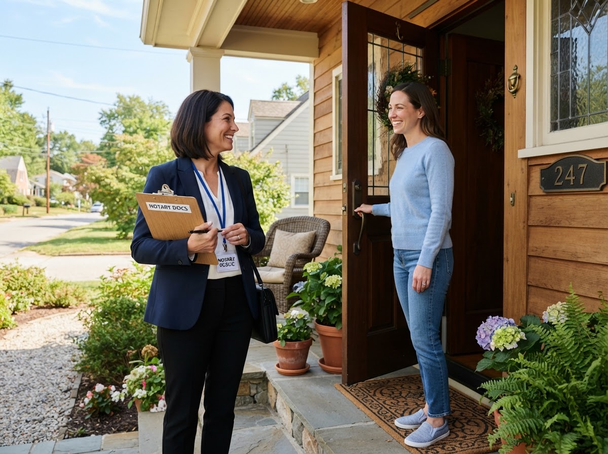 Friendly notary greeting a client at their front door for a mobile notary visit