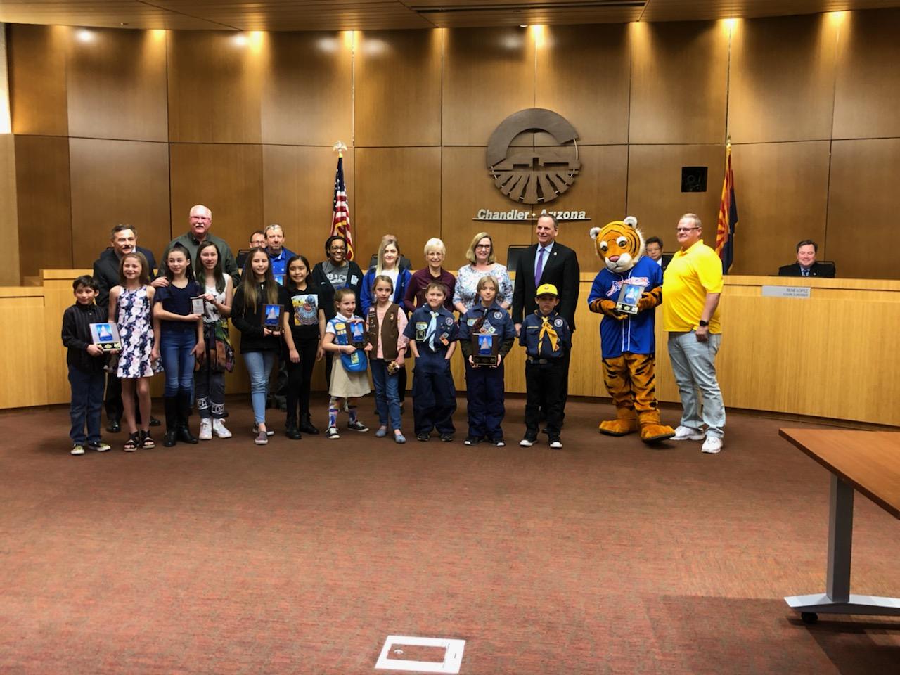 Pack 88 Cub Scouts at Chandler City Hall receiving civic recognition in Arizona