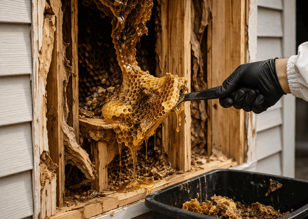 Honeycomb and comb residue being fully extracted from a wall cavity