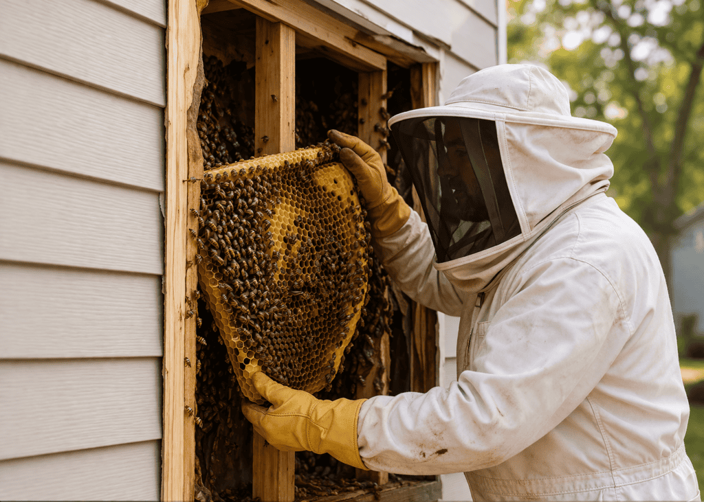MJC beekeeper safely relocating a live hive removed from a wall cavity