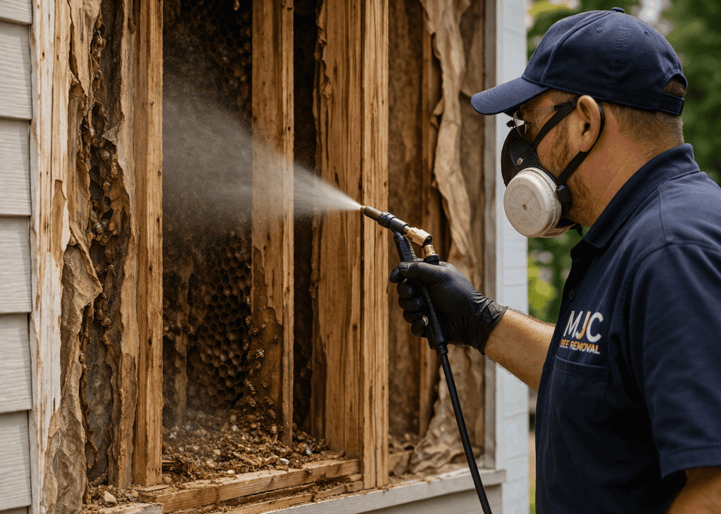 MJC technician applying the Pheromone Neutralization Protocol to a wall cavity