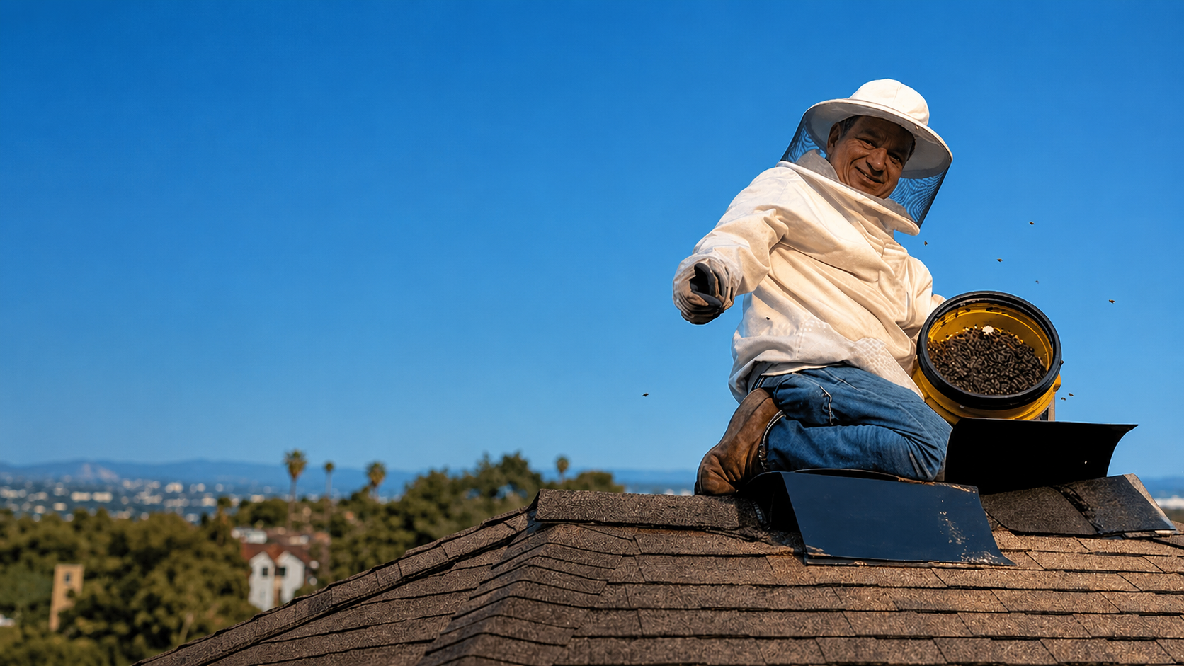 MJC beekeeper safely removing a live bee colony from a San Diego rooftop