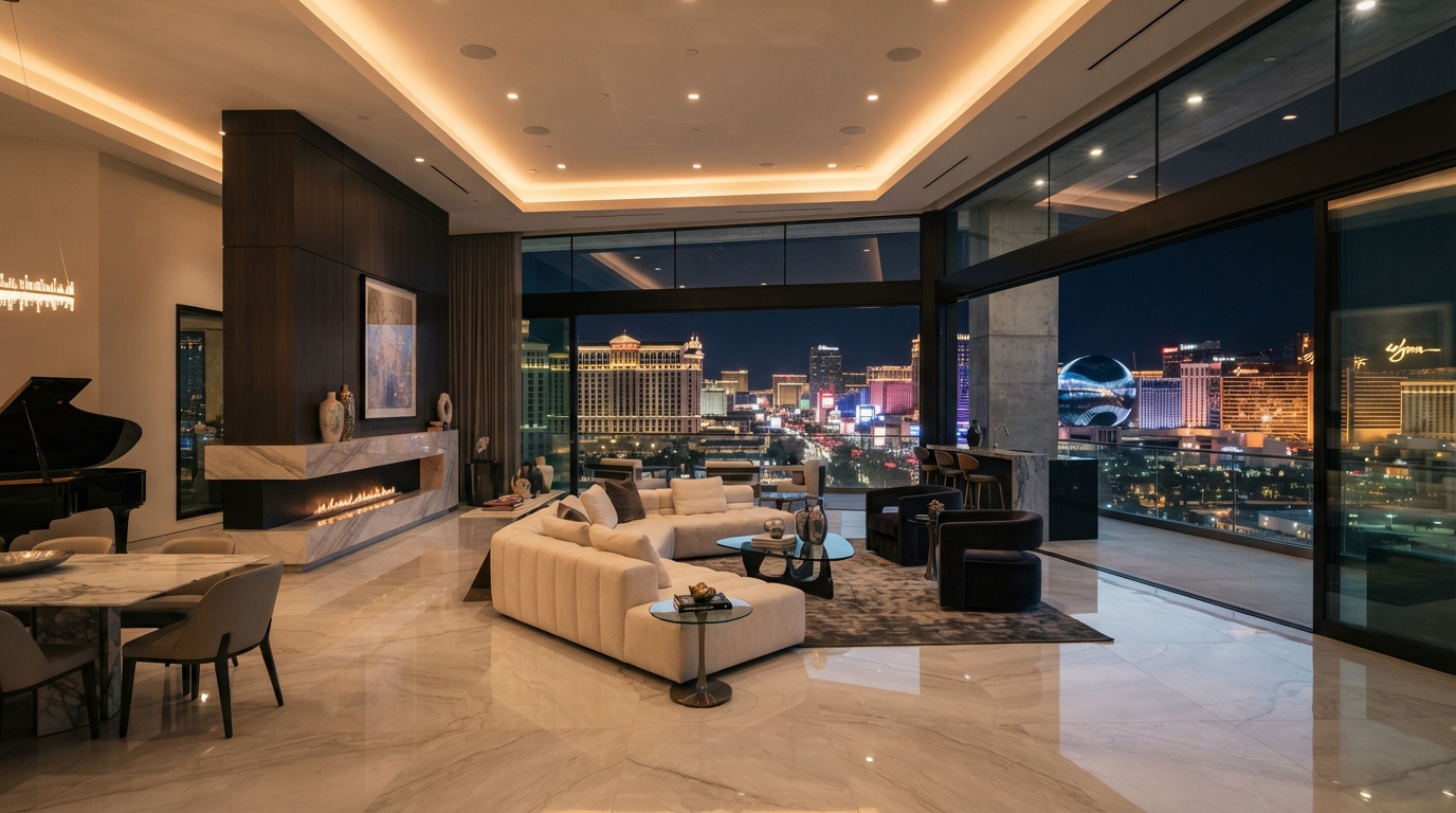 Las Vegas luxury property interior overlooking the Strip at night
