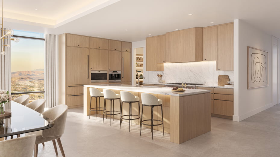 Architectural rendering of luxury kitchen and dining suite at Four Seasons Private Residences Las Vegas featuring custom millwork and panoramic valley views