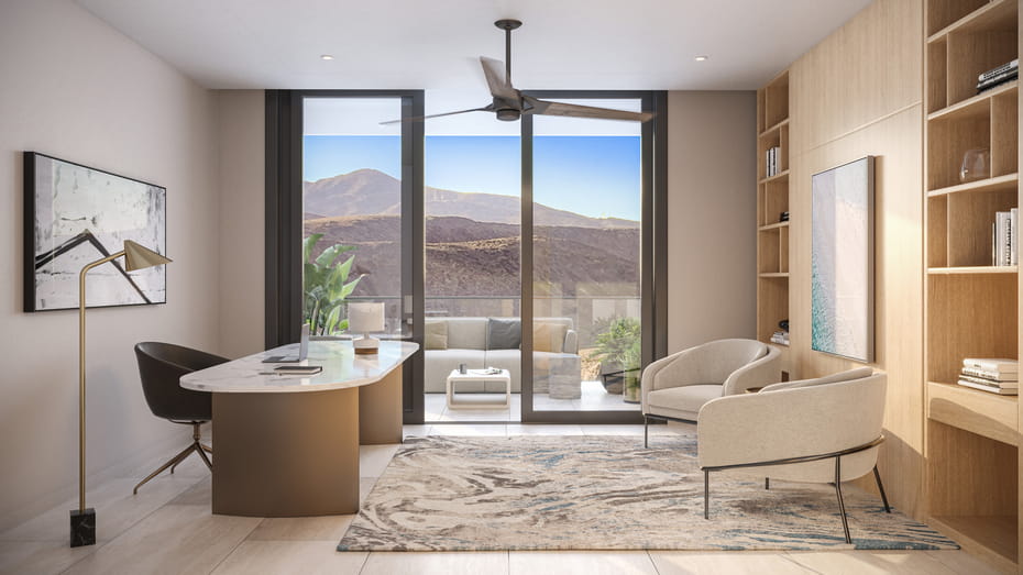 Architectural rendering of executive study and private terrace at Four Seasons Private Residences Las Vegas overlooking the McCullough Range