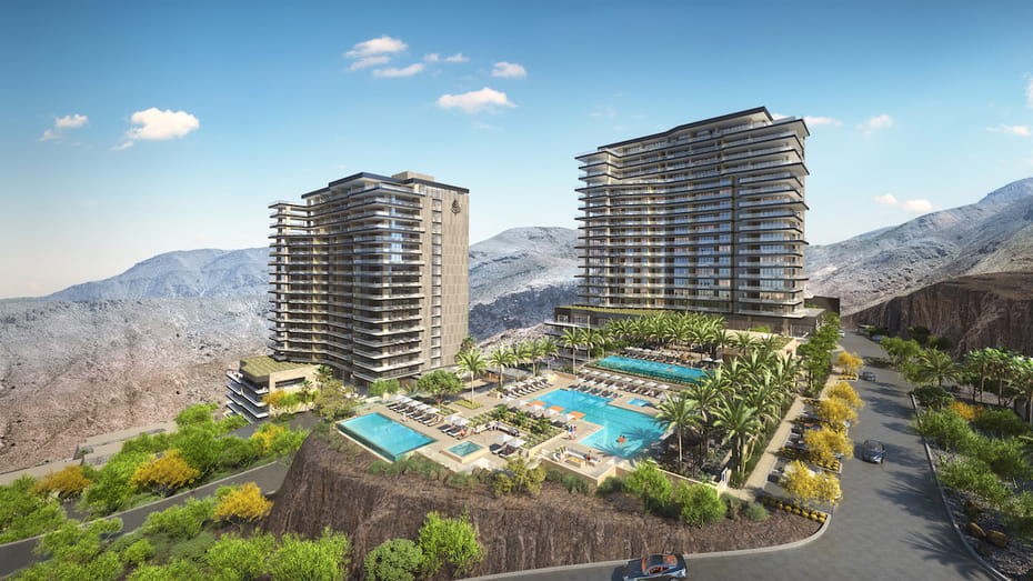 Architectural rendering of Four Seasons Private Residences Las Vegas twin towers and hillside resort pool deck in MacDonald Highlands, Henderson