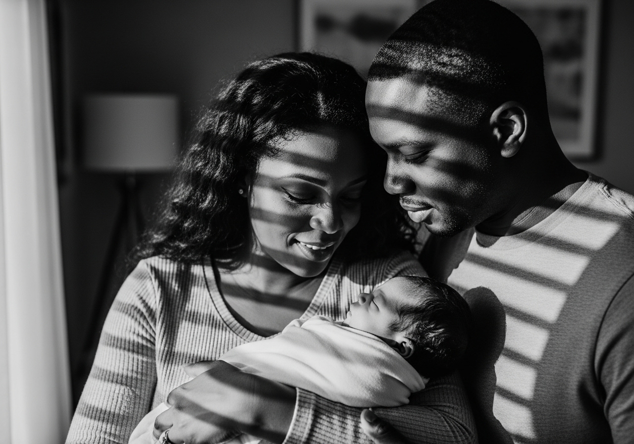 Mother and father cradling swaddled newborn