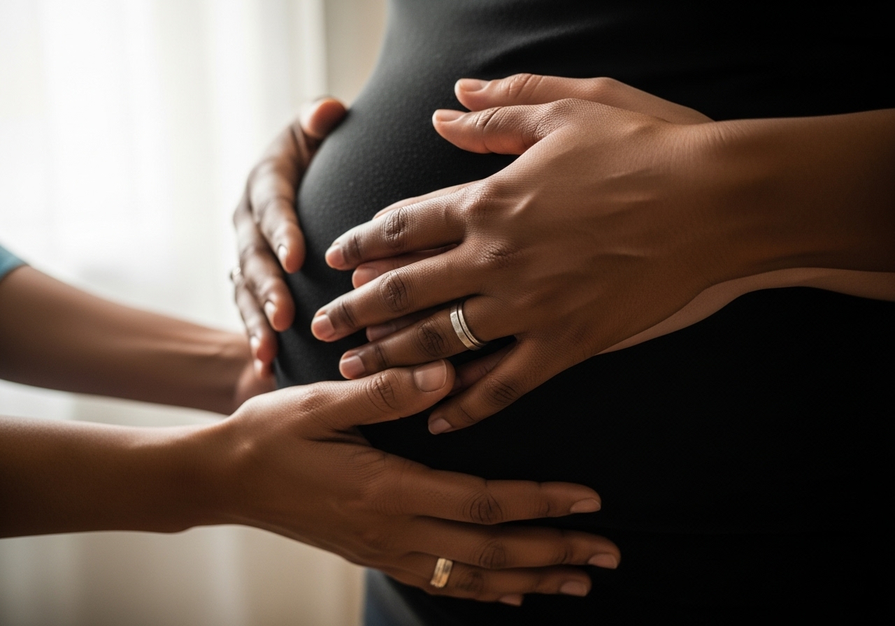 Caring hands resting on expectant mother's belly