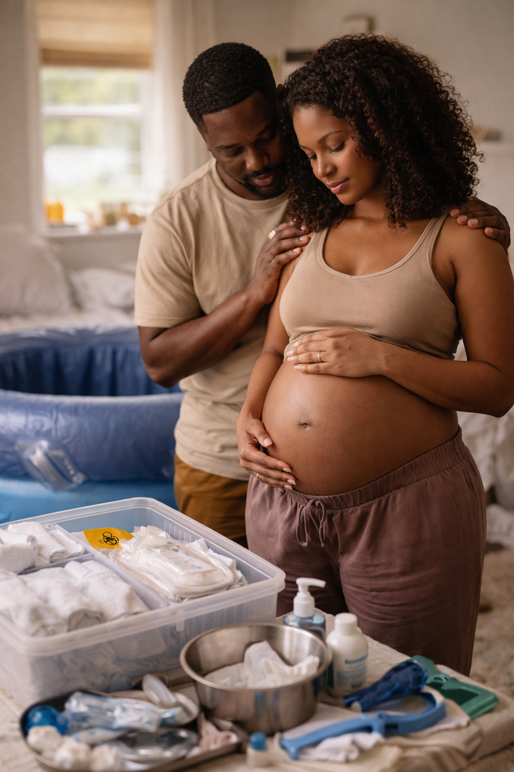Expectant parents preparing for home birth
