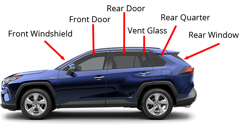 Car Auto Glass Diagram showing Front Windshield, Front Door, Rear Door, Vent Glass, Rear Quarter, and Rear Window