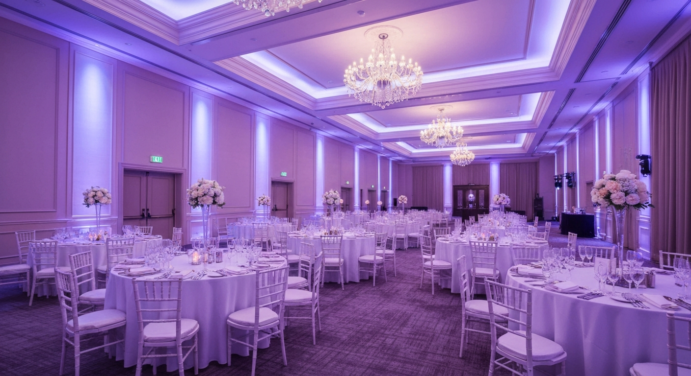 Before: Wedding reception venue transformed with vibrant custom wireless LED uplighting