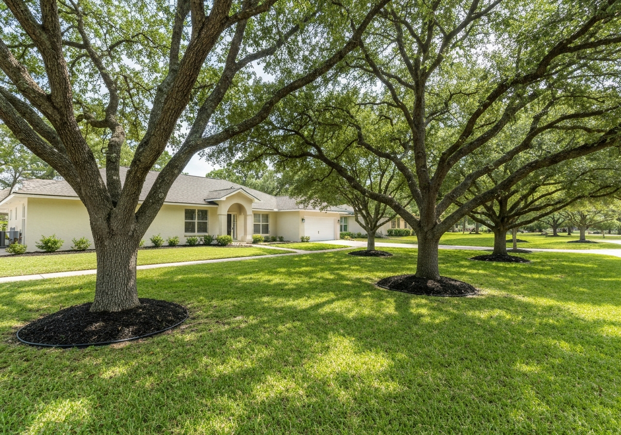 Mature trees with fresh mulch