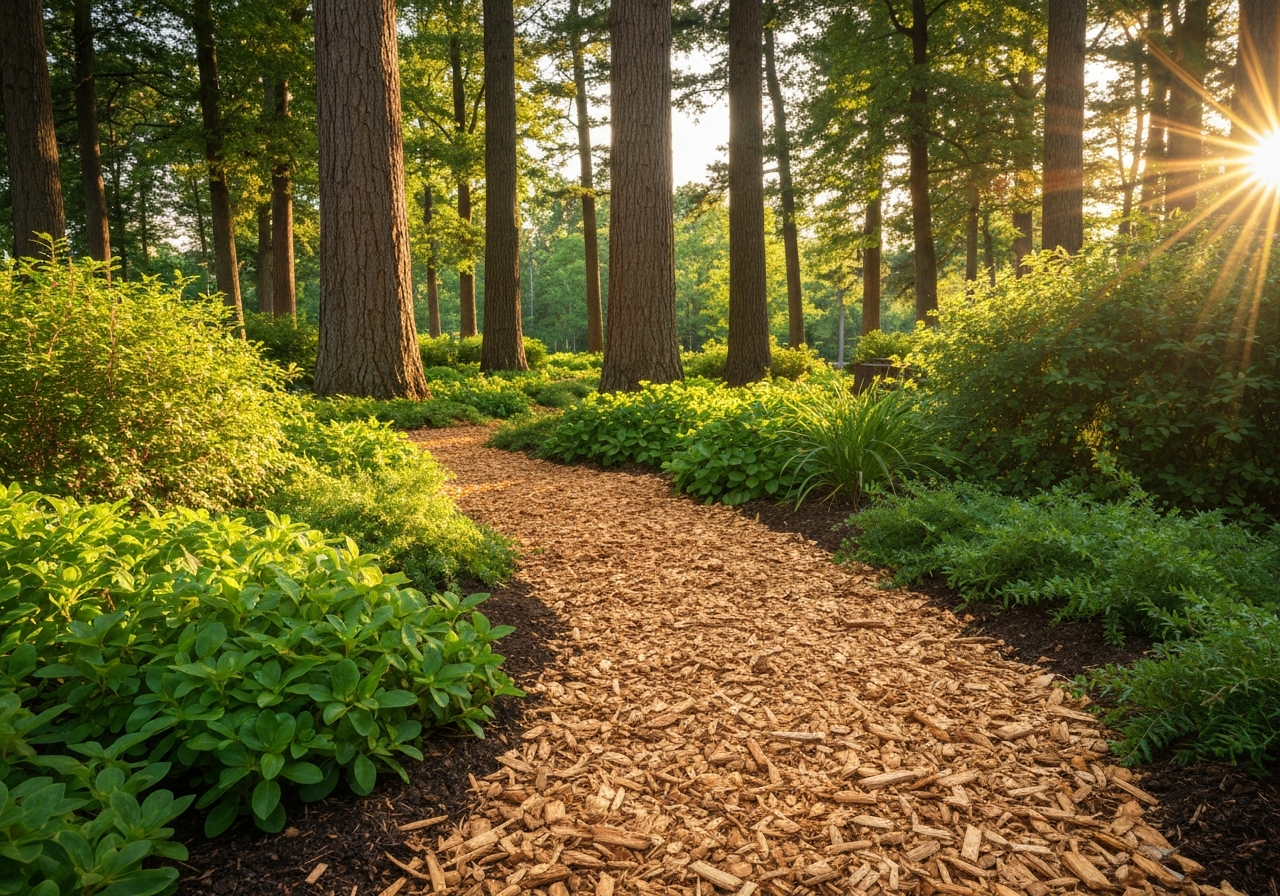 Fresh wood chips spread in a landscape bed