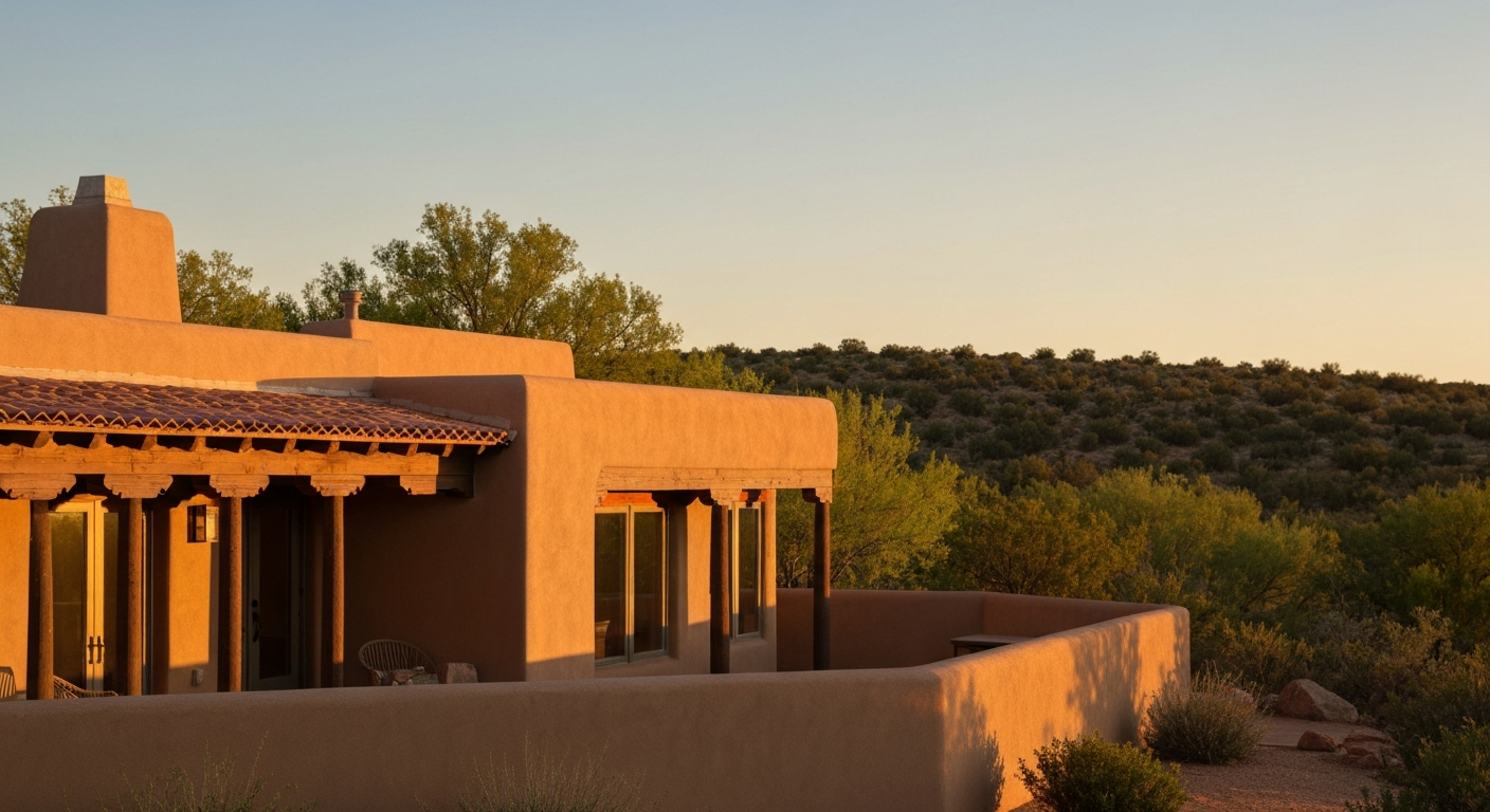 Calm New Mexico home exterior at golden hour