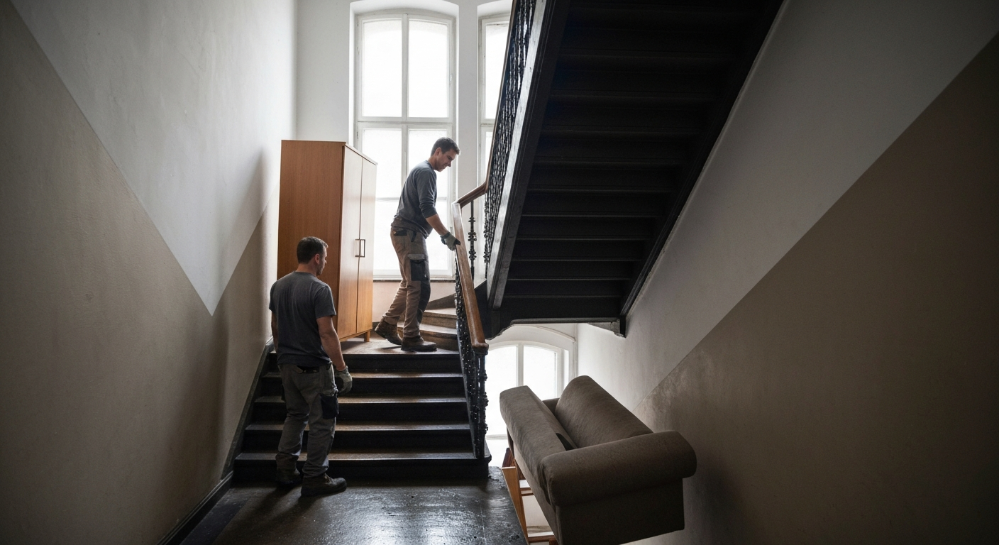 Professionelles Team bei der Entrümpelung Berlin – Möbel tragen im Altbau Treppenhaus