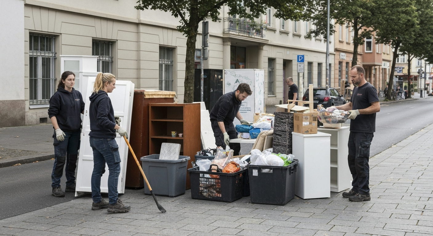 Entrümpelung Berlin Transporter und Team beim Sortieren von Hausrat auf der Straße