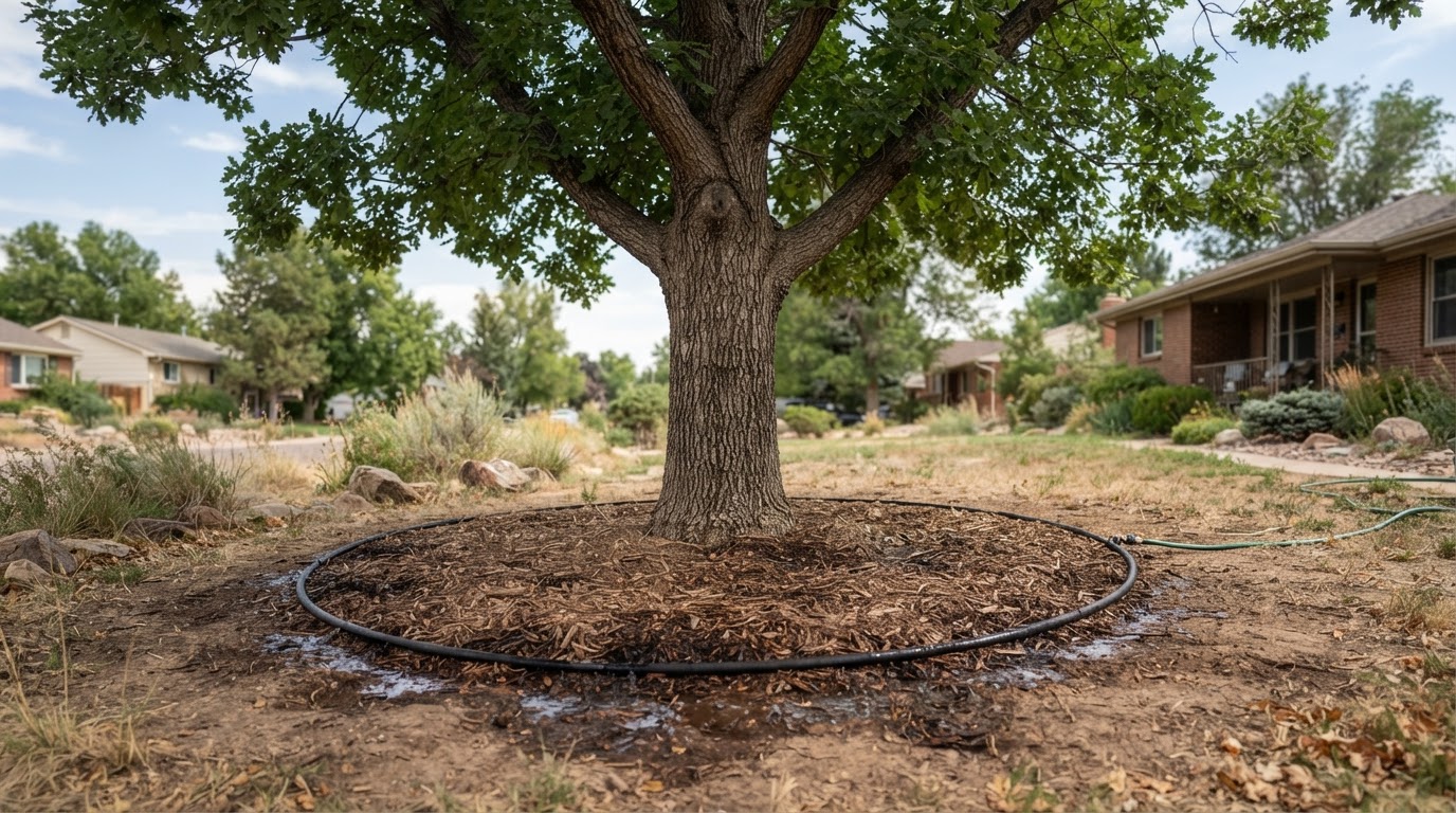 Healthy mature Denver tree with a mulch ring and slow watering at the drip line