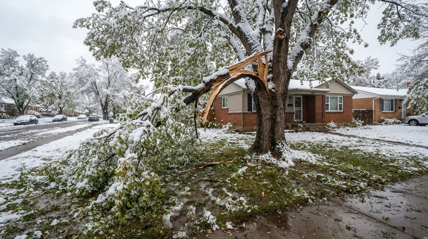 Mature Denver tree with a broken large branch after heavy snow and wind