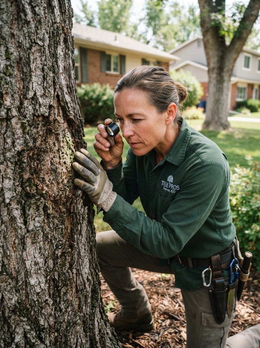 Certified arborist performing a tree health assessment in Denver