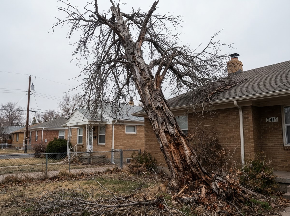 Declining tree showing signs of dieback in a Denver yard
