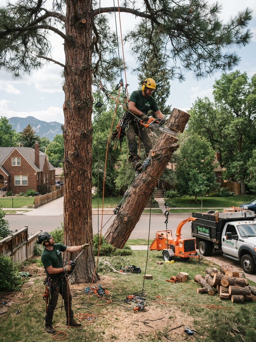 Arborist crew performing emergency tree removal in Denver