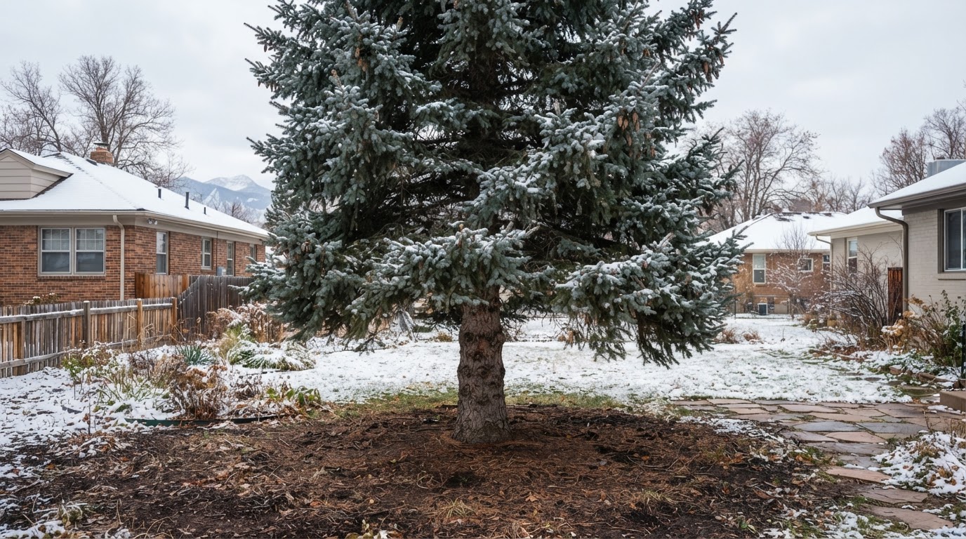 Mature Denver evergreen tree during a dry winter with light snow nearby