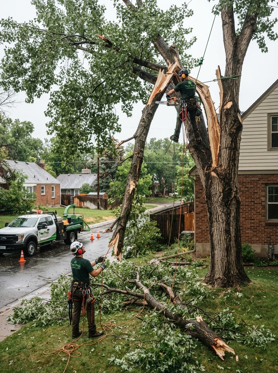 Storm damaged tree in Denver requiring emergency tree service