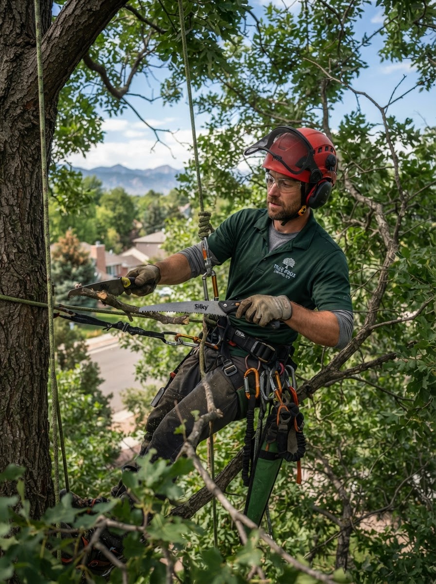 Tree Pros arborist climbing and working on a mature Denver tree