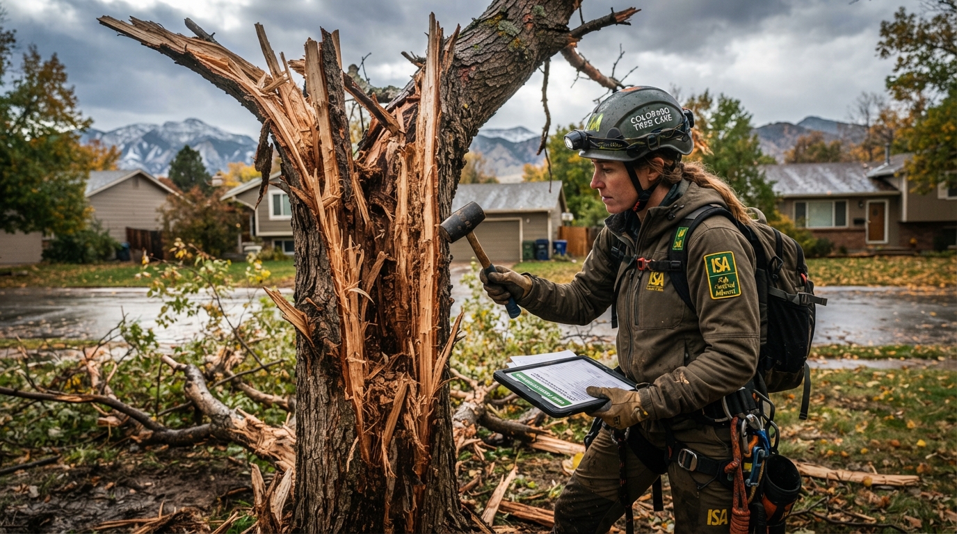 Arborist evaluating diseased tree in Denver