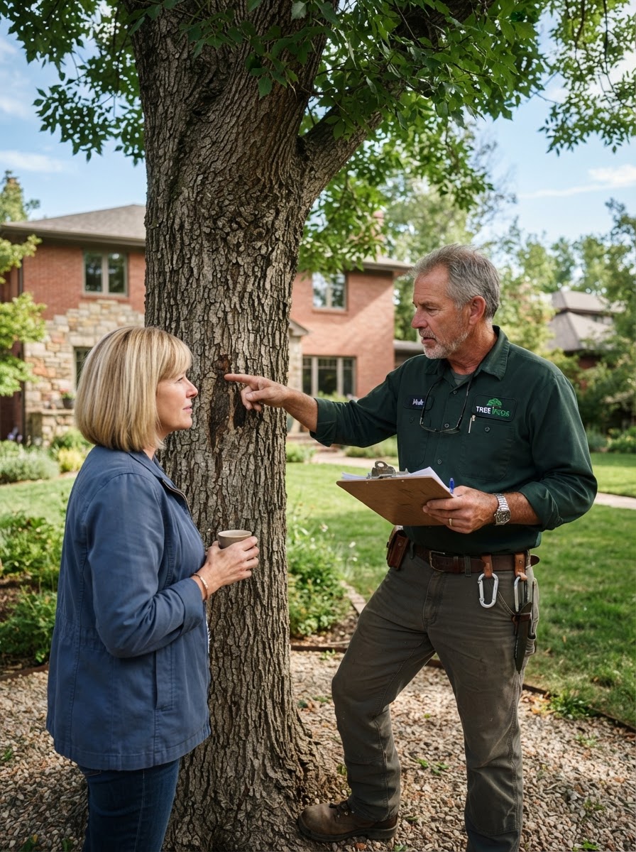 Paul Goin, Board-Certified Master Arborist, inspecting a mature tree in Denver