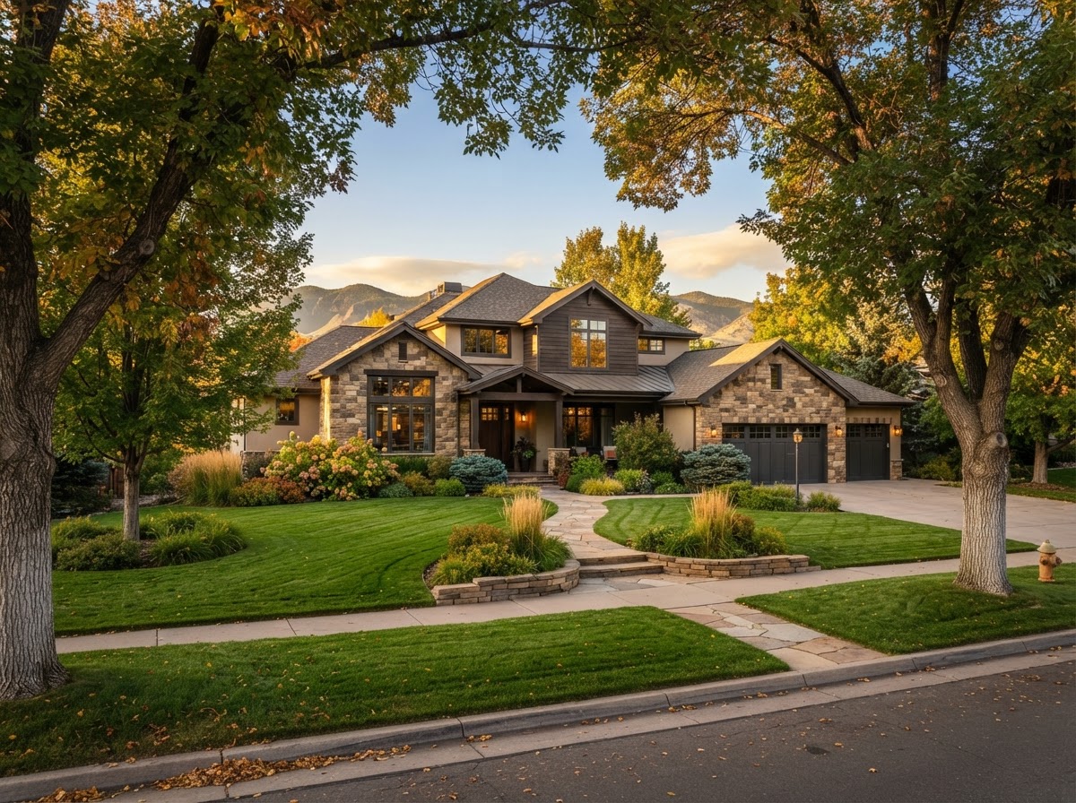 Mature Denver property framed by healthy shade trees