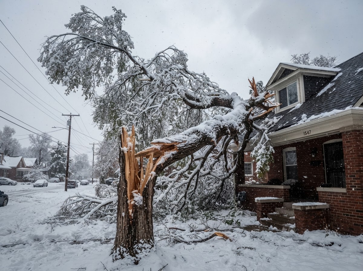 Storm-damaged tree with a broken branch on a Denver property