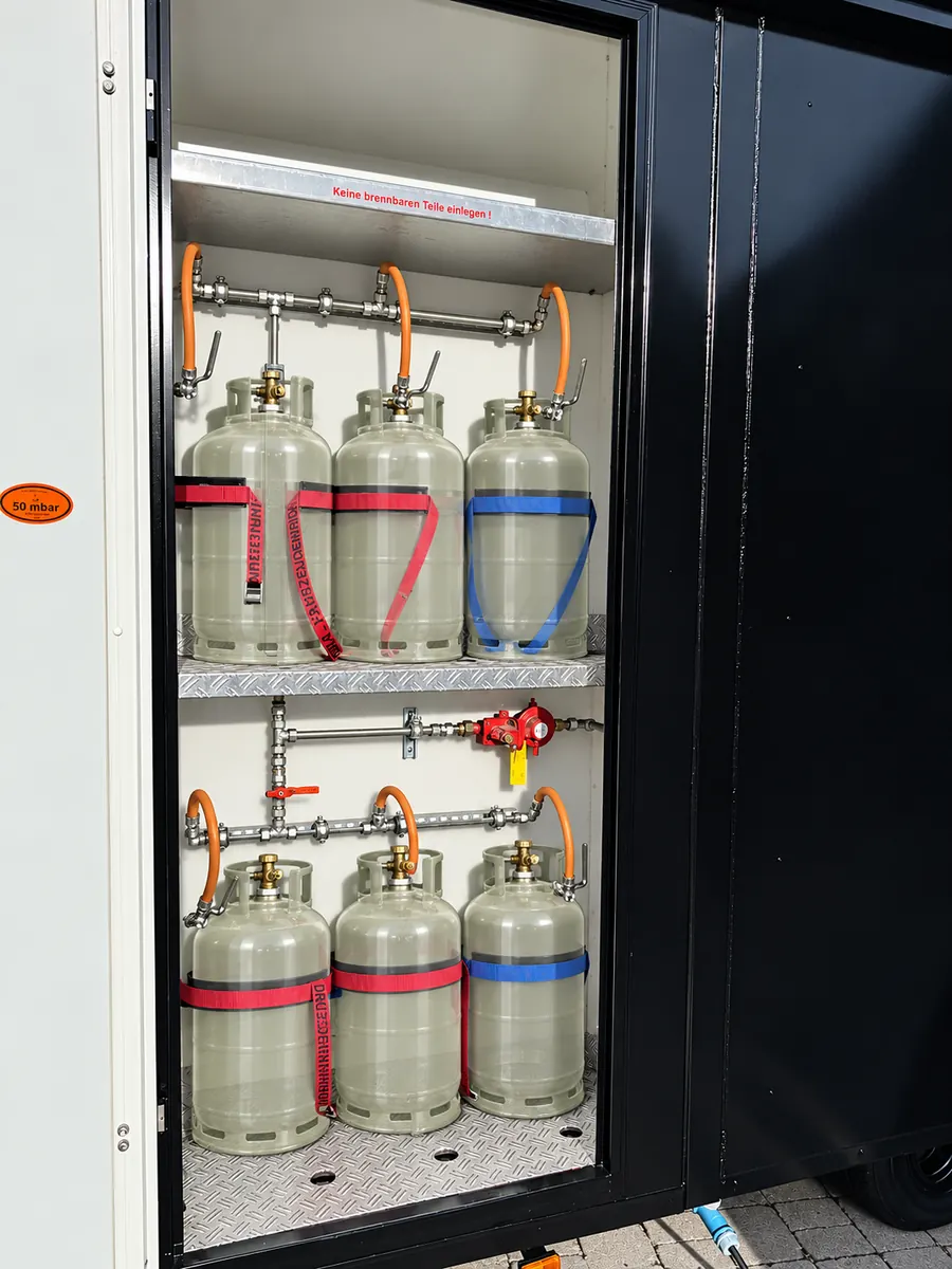 Schmankerl Box professioneller Gaskasten mit sicherer Gasflaschen-Installation und 50 mbar Druckreglern