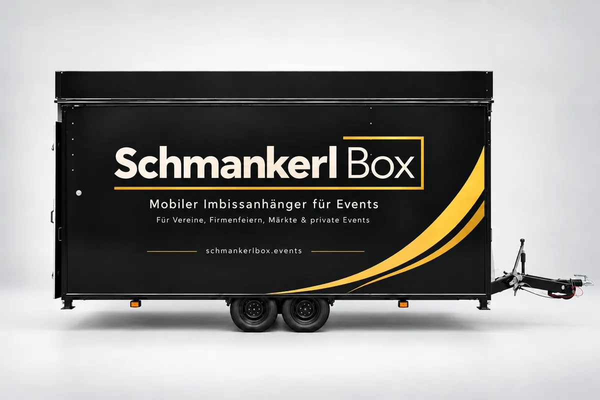 Schmankerl Box mobiler Imbissanhänger Seitenansicht im neuen Markendesign, mieten in Niederbayern