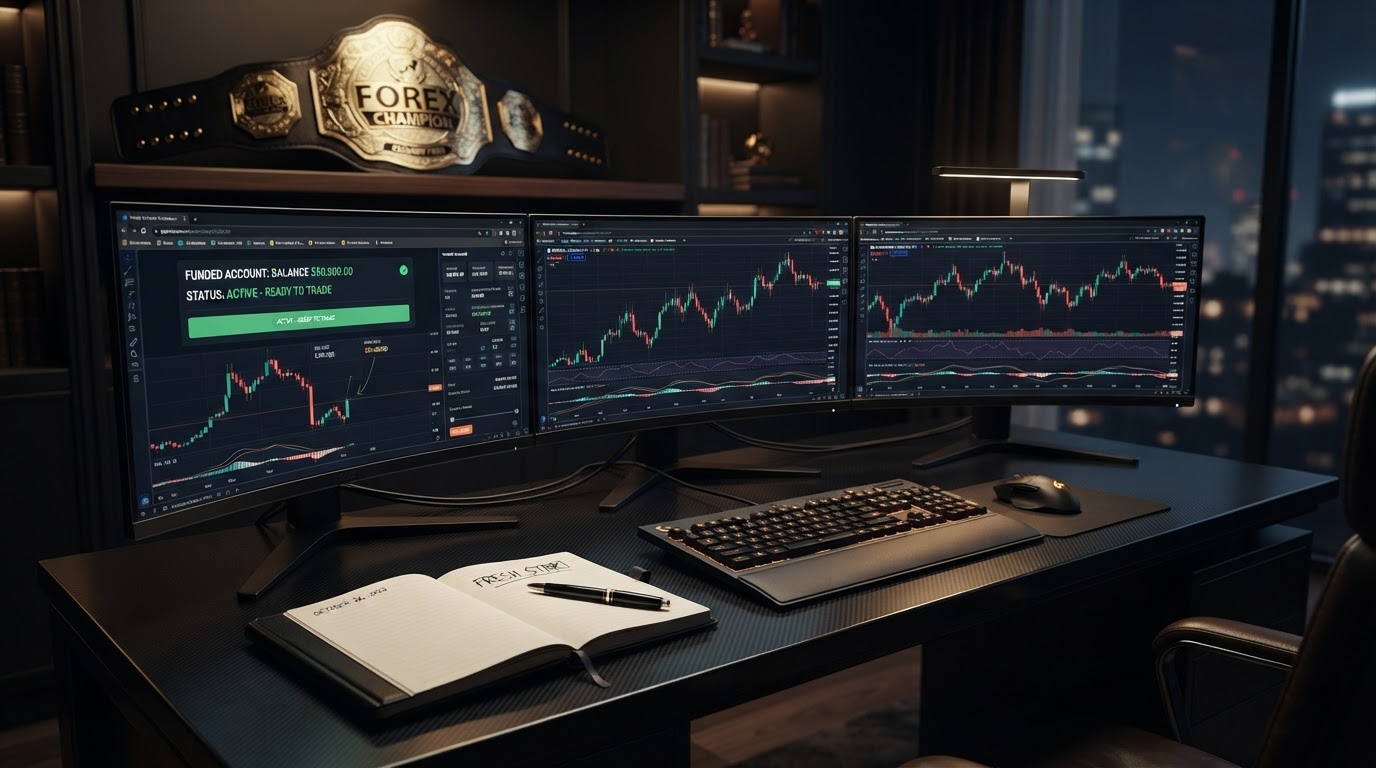 Dark luxury forex trading desk symbolizing recovery and fresh start with a blank journal and newly funded account on curved OLED monitors
