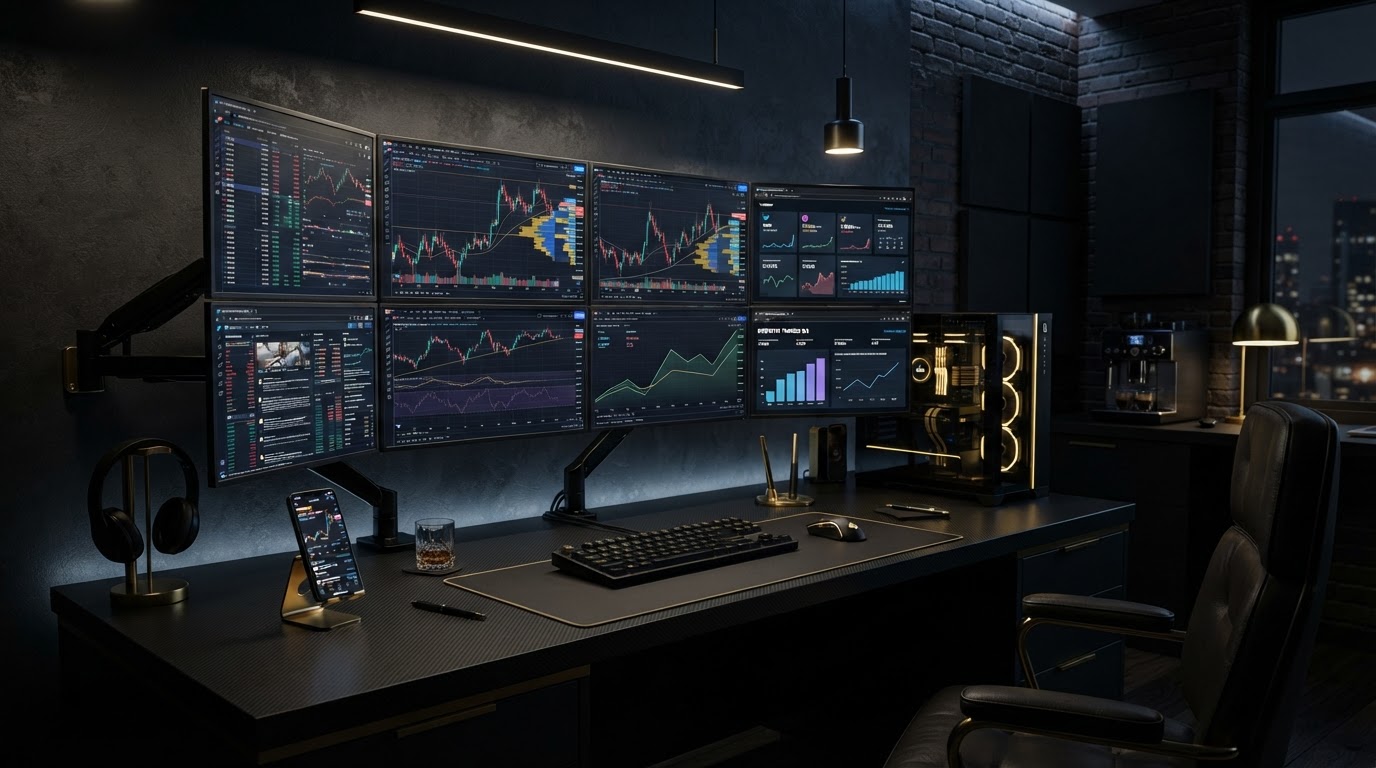 Dark luxury forex trading command center with monitors showing social media growth analytics and candlestick charts