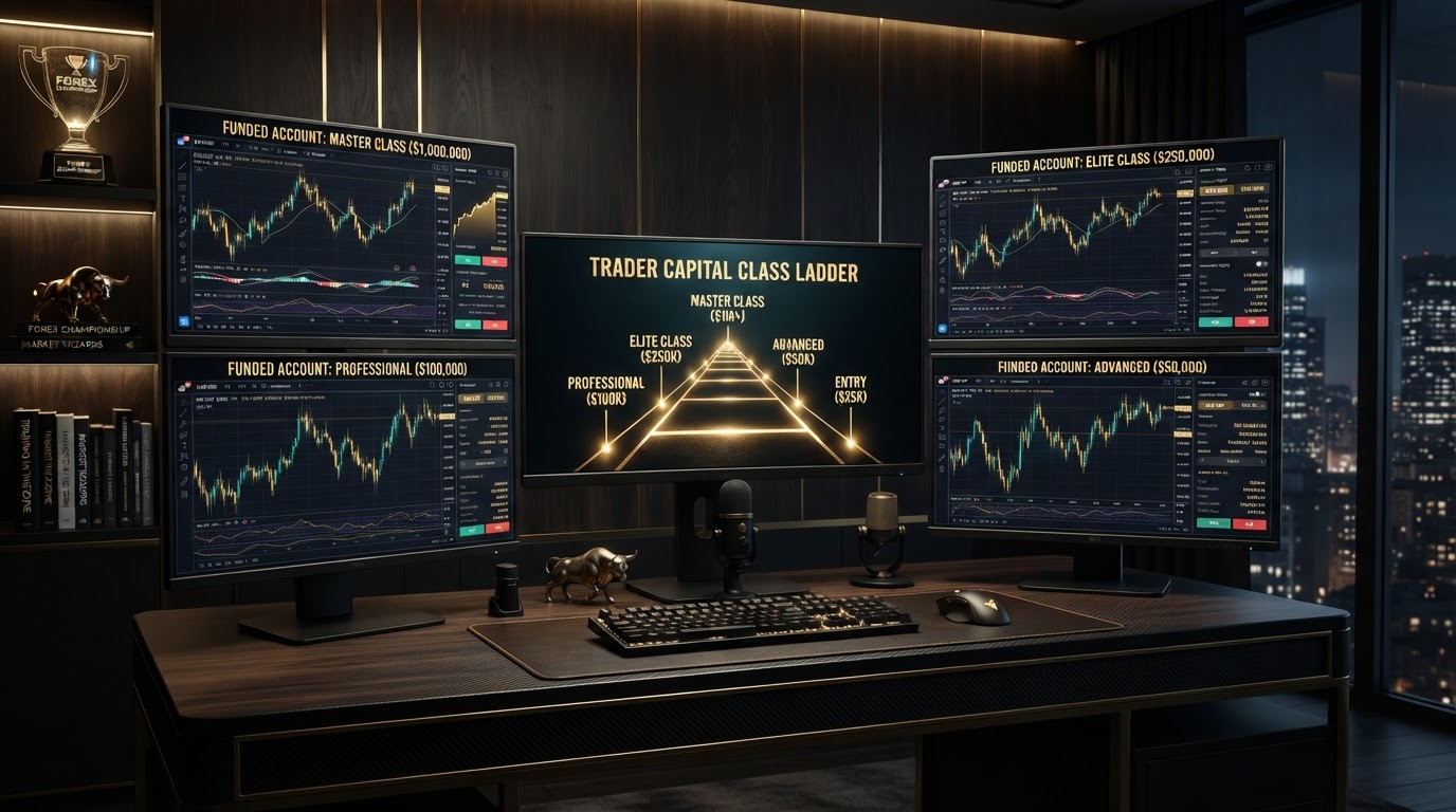 Dark luxury forex trading setup showing tiered capital class ladder concept with multiple monitors displaying different account balance tiers