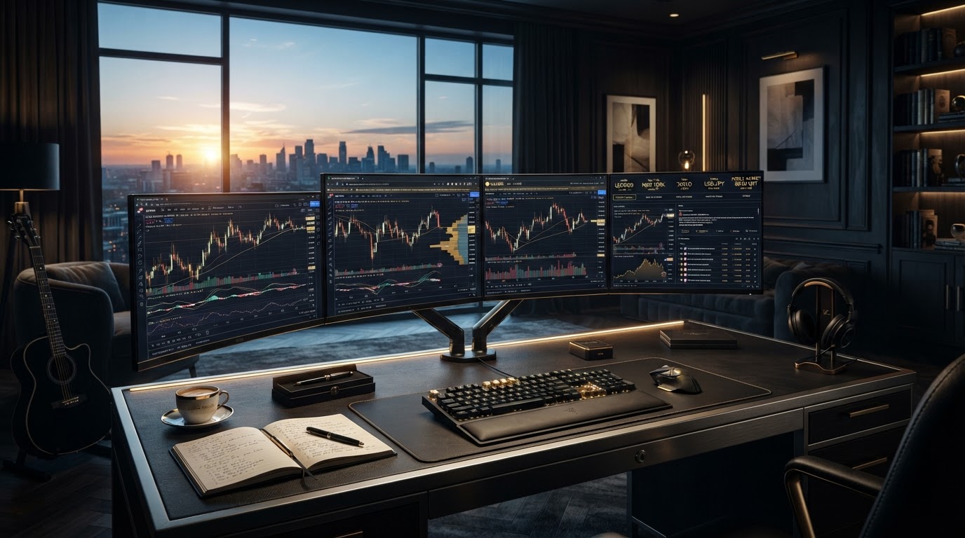 Dark luxury forex trading desk at dawn with curved OLED monitors showing candlestick charts and market session clocks