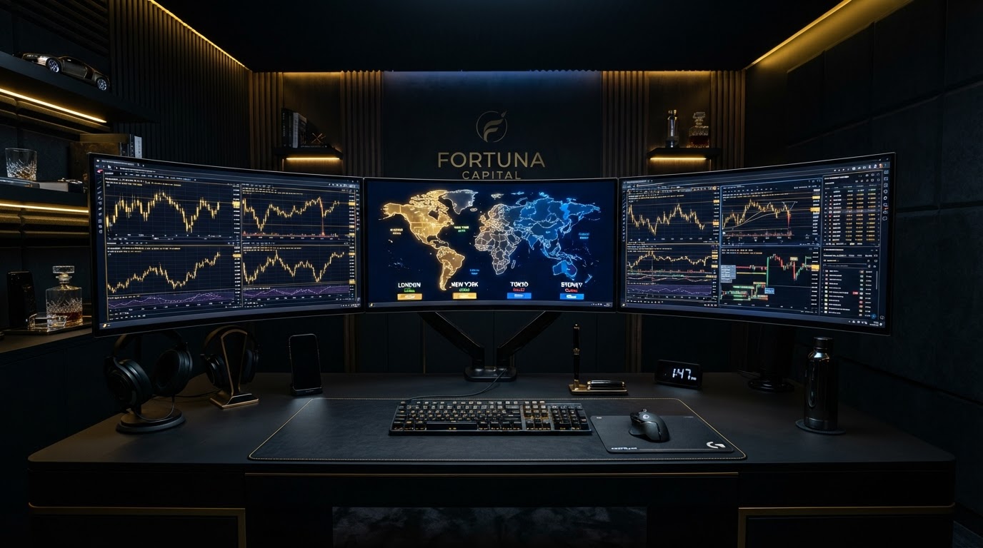 Dark luxury forex trading desk with world map showing market session time zones glowing on curved OLED monitors