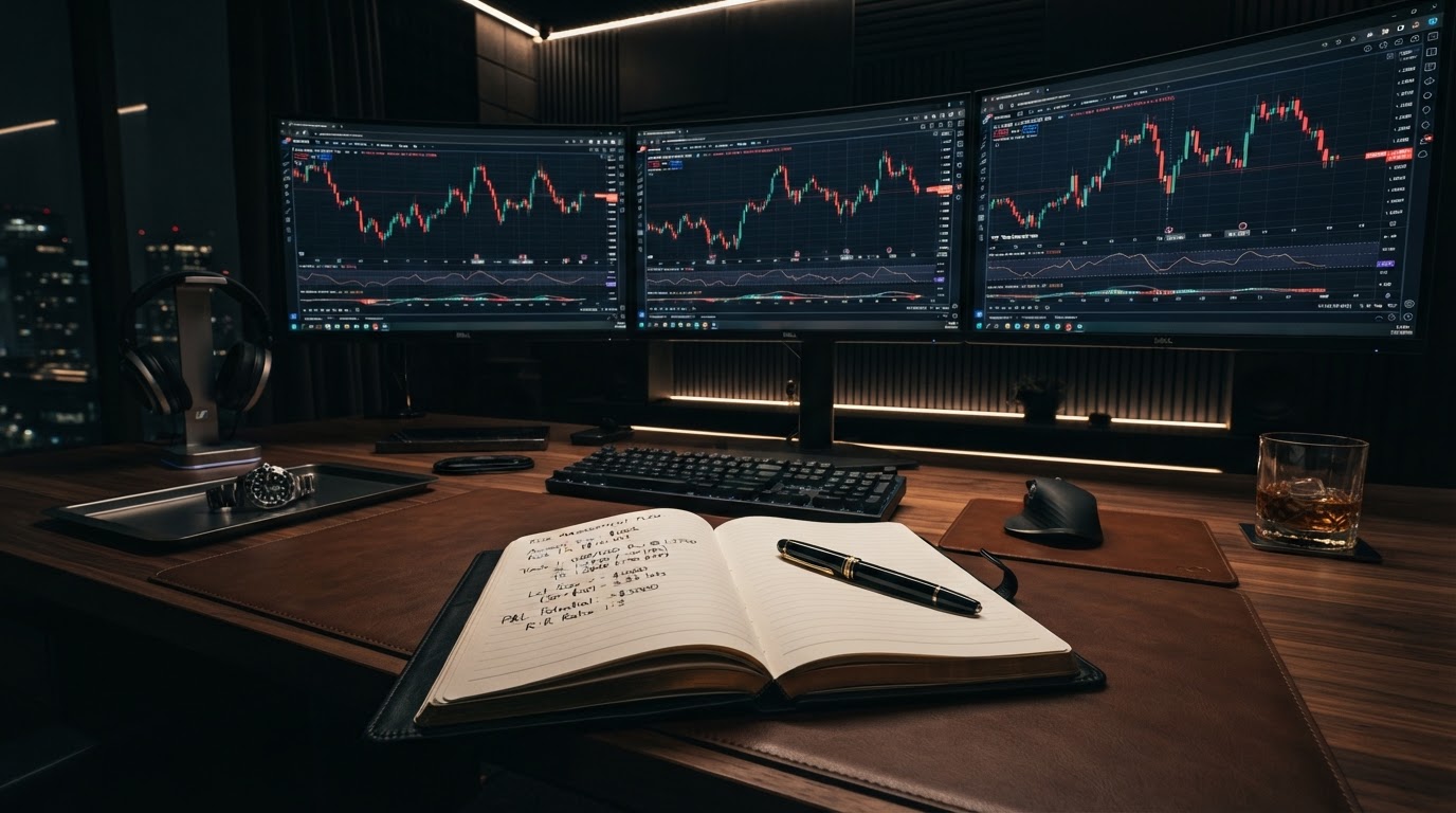 Dark luxury forex trading setup with a leather notebook showing risk management math and position sizing calculations