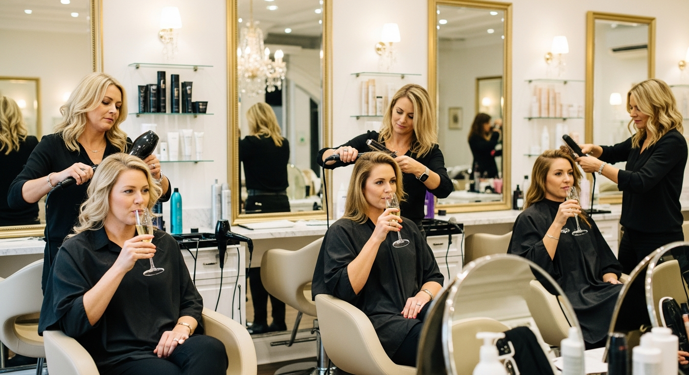 Ladies enjoying champagne at the salon