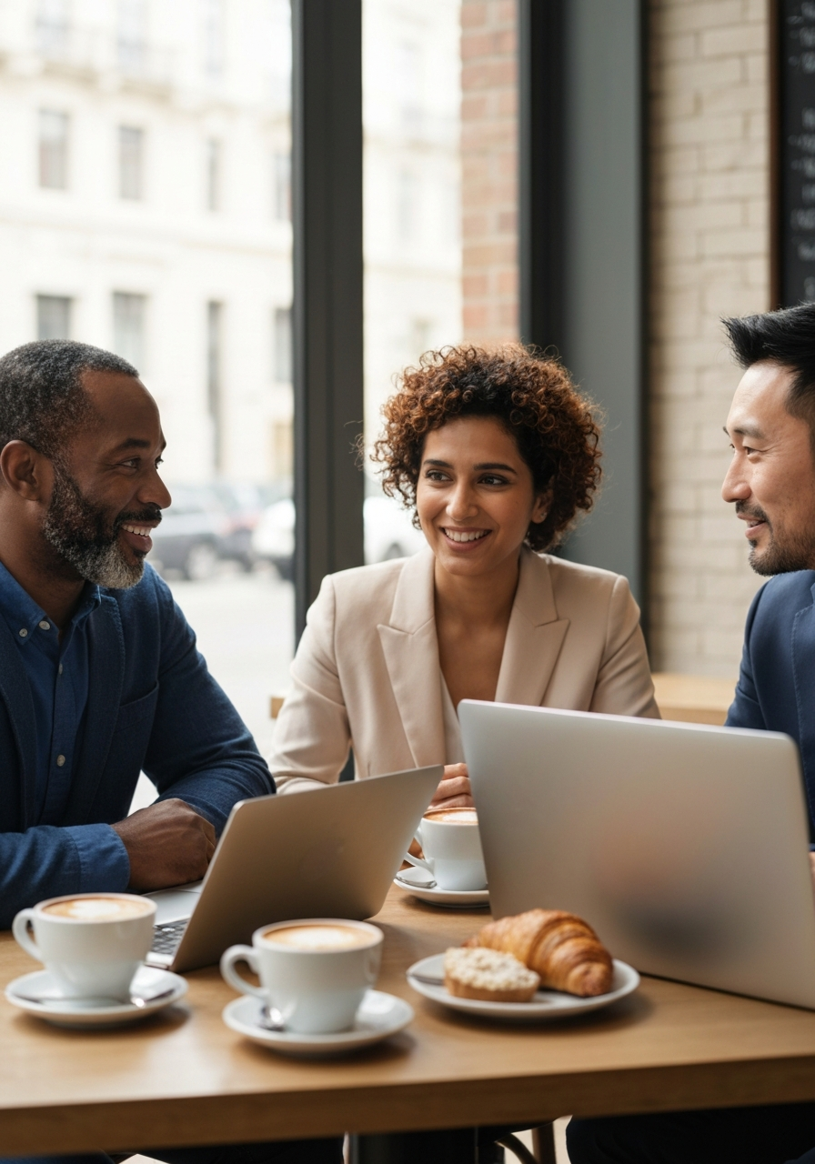 3 solopreneurs in their 50s meeting for coffee with their laptops