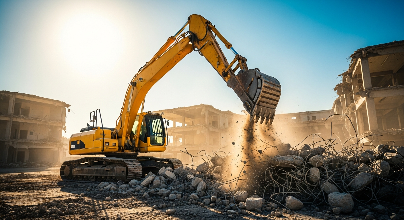 Excavator working on demolition site