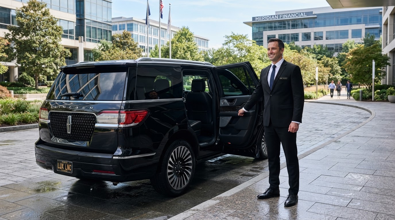 Professional Addison Limos chauffeur in a black suit standing beside an open door of a black Lincoln Navigator SUV at an upscale office plaza