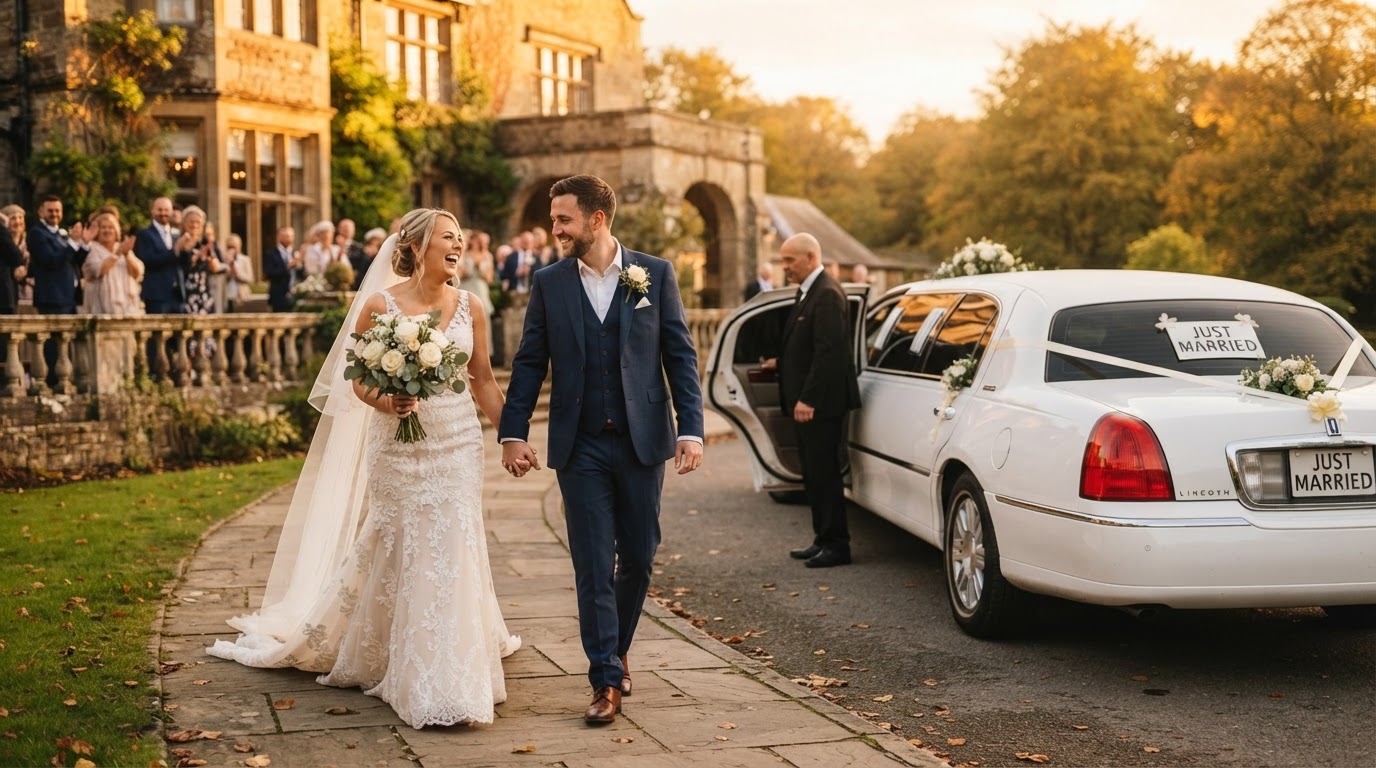 Bride and groom walking toward a white luxury limousine