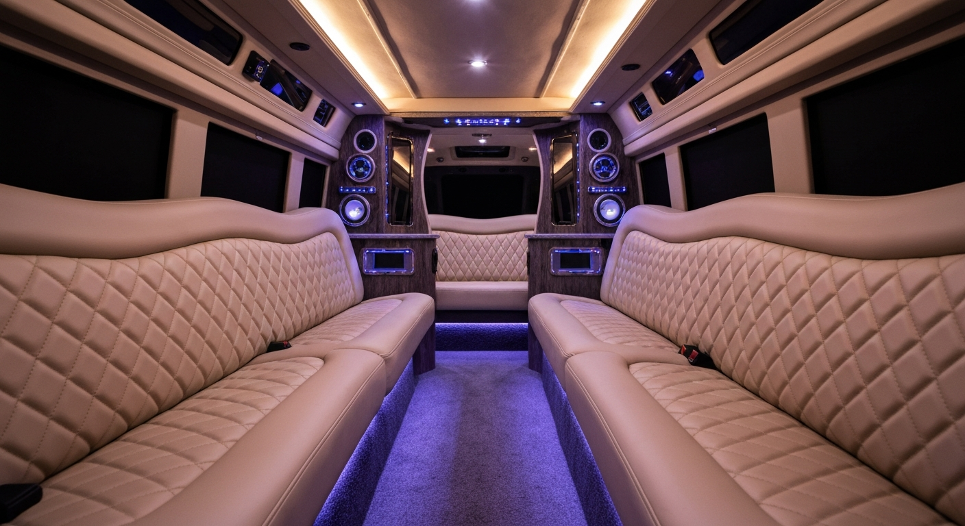 Interior of a spacious luxury Sprinter limo bus