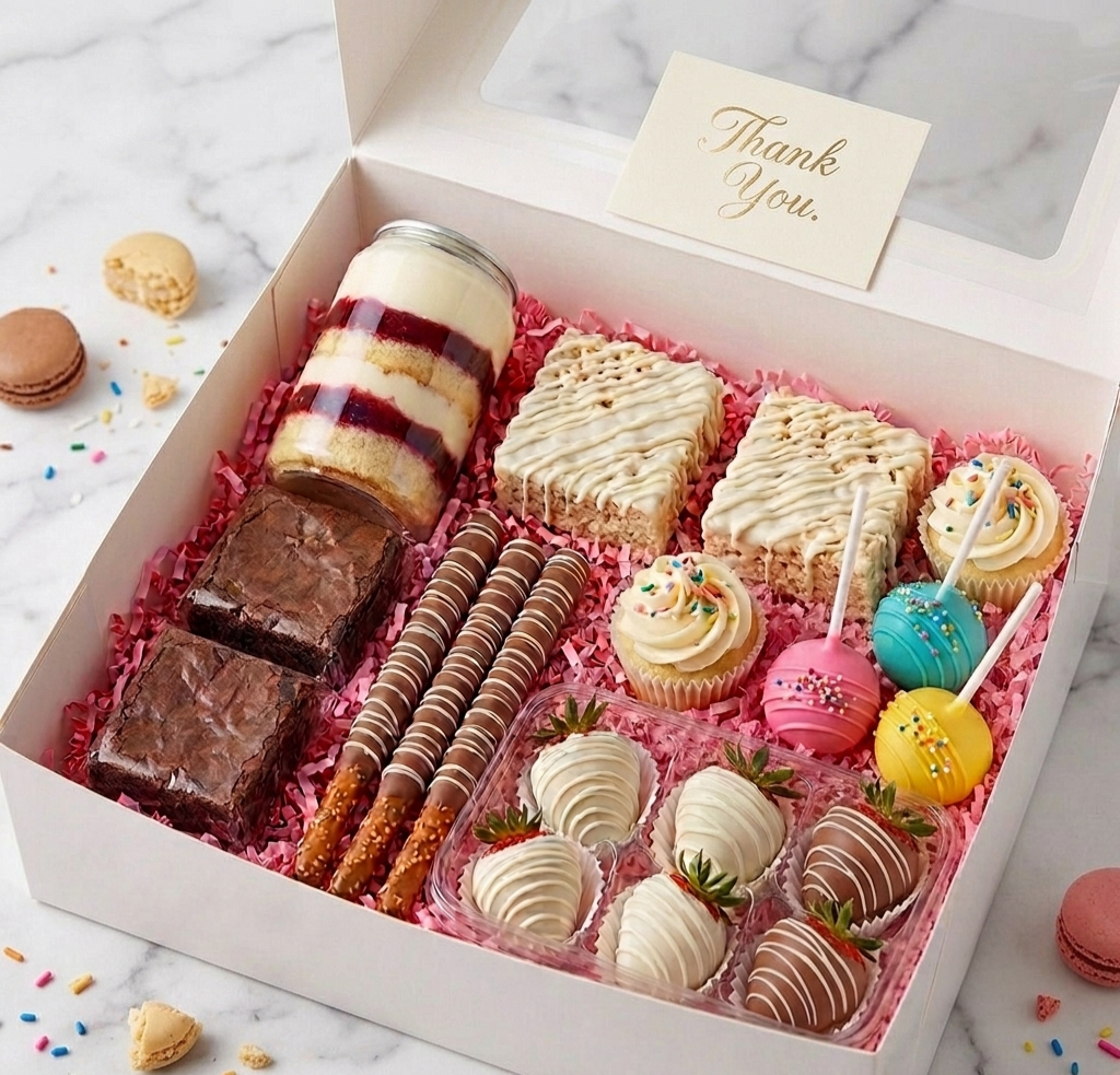 Beautiful open dessert gift box filled with treats