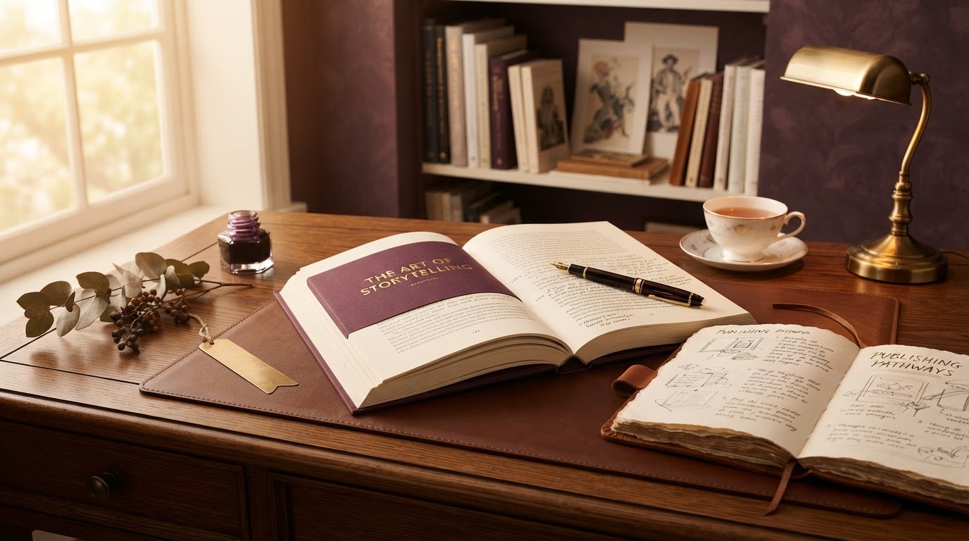 An elegant desk with an open book, fountain pen, and notebook bathed in warm golden light