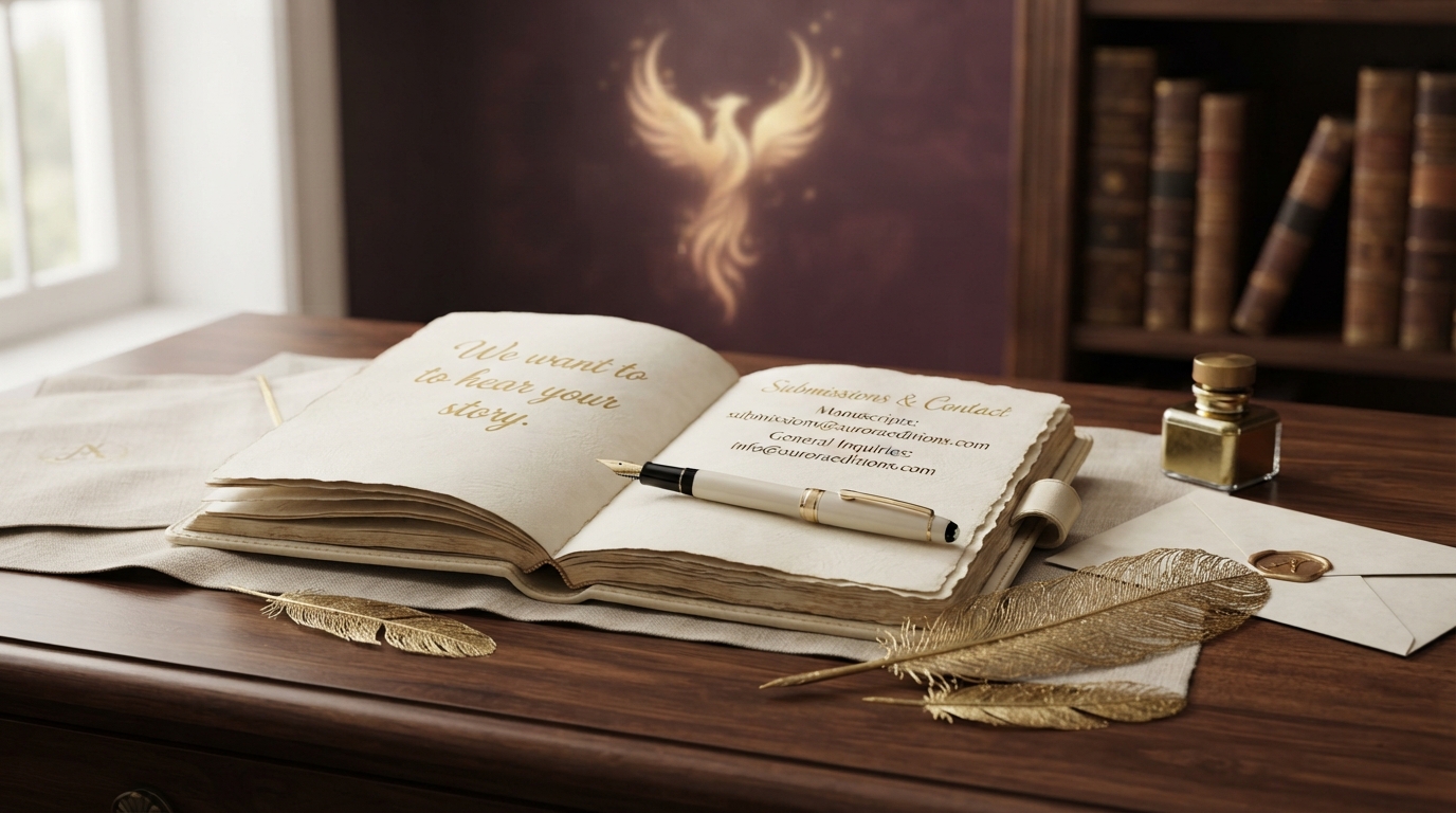An elegant desk with an open notebook, fountain pen, and golden feathers bathed in warm light