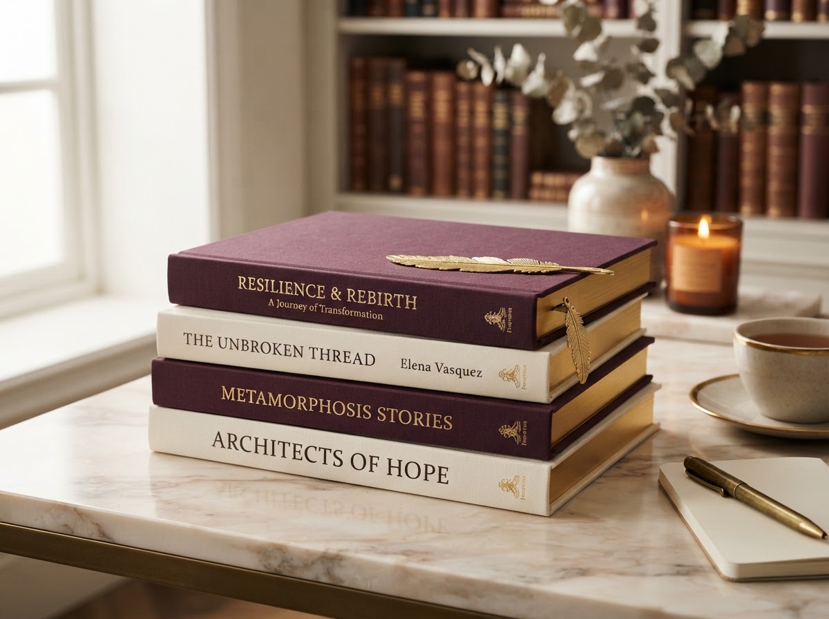A stack of hardcover books in deep plum and ivory with a gold feather bookmark